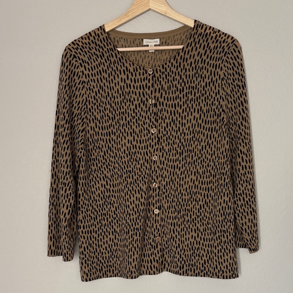 Garnet Hill Signature ECO Animal Print Merino Wool Cardigan Sweater Size L
